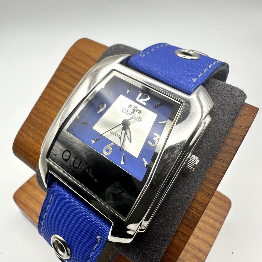 Nexus Blue Square Quartz Watch Silver Tone Case Blue Strap